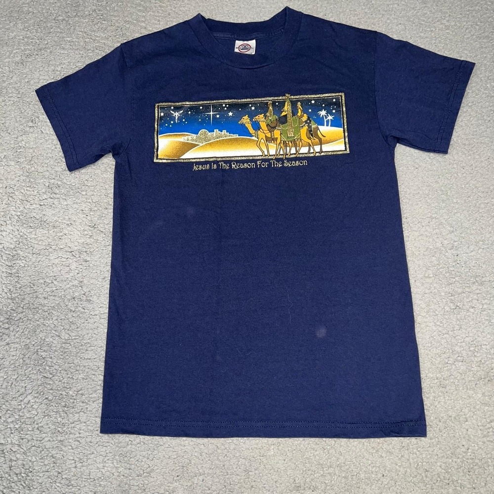 VTG Jesus Is The Reason For The Season T Shirt Mens Sz S Blue Three Wise Men Tee